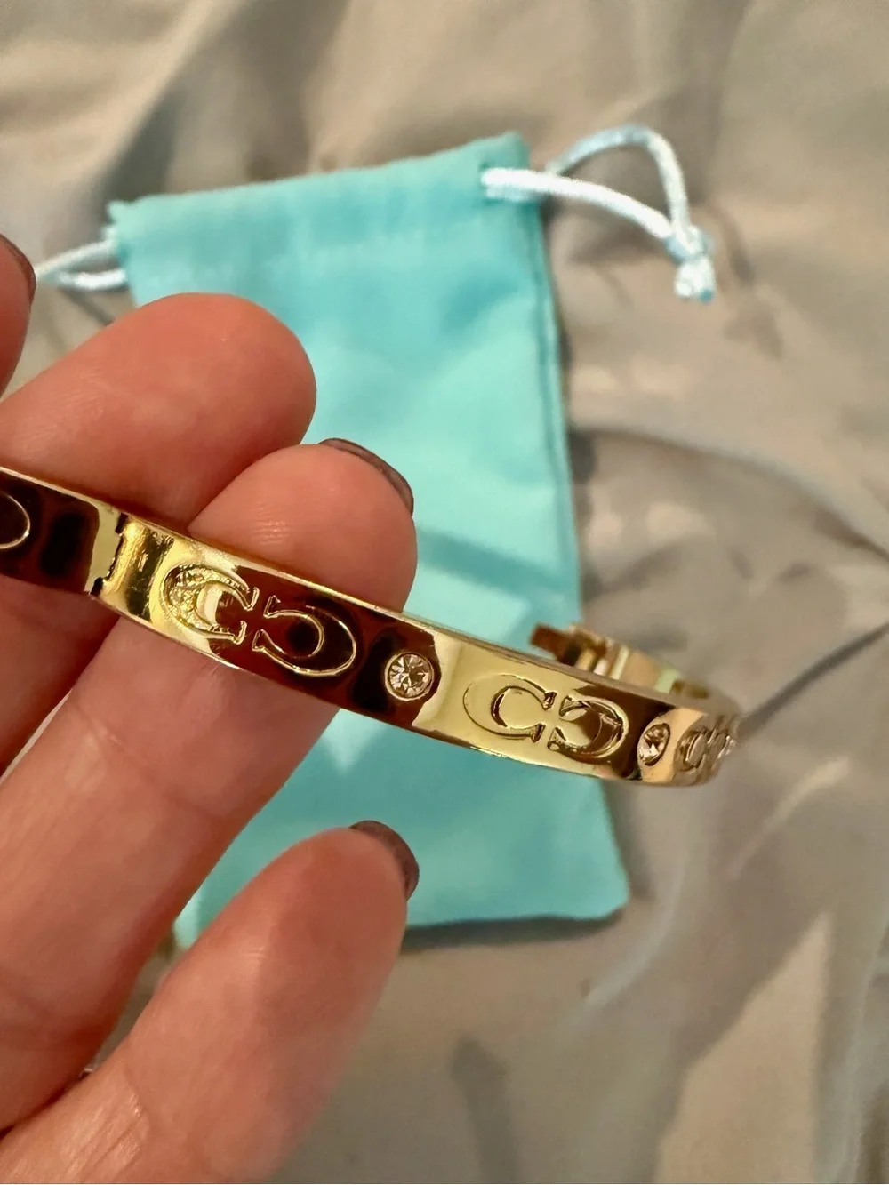 Coach Kissing C Signature Gold Hinged Bangle Crystal Bracelet